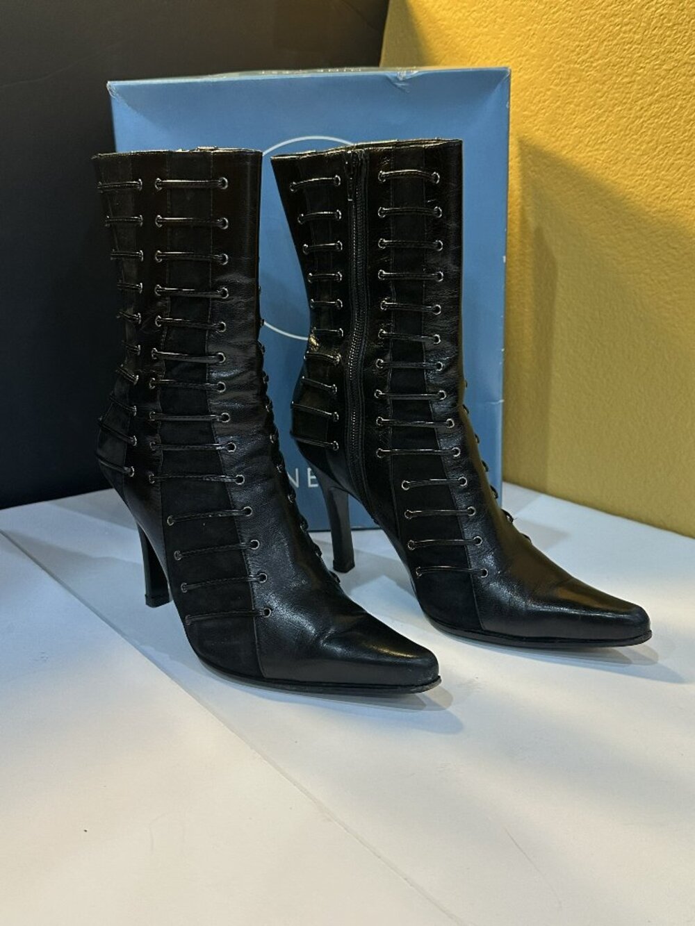 Vintage Nine West Black Mid-Calf Stiletto Boot with Leather & Suede Size 8.5M